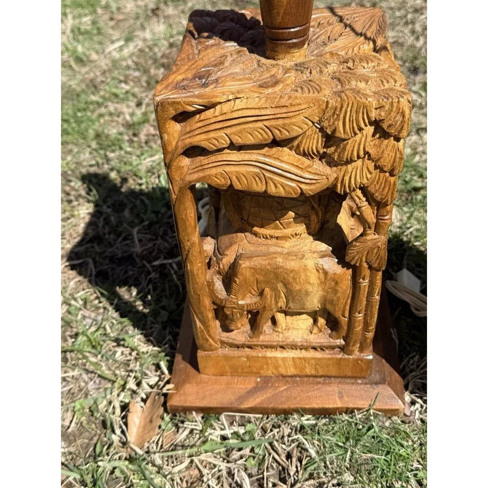 2 Vintage Rare Hand Carved Teakwood Table Lamps Tropical Farm Village Scene